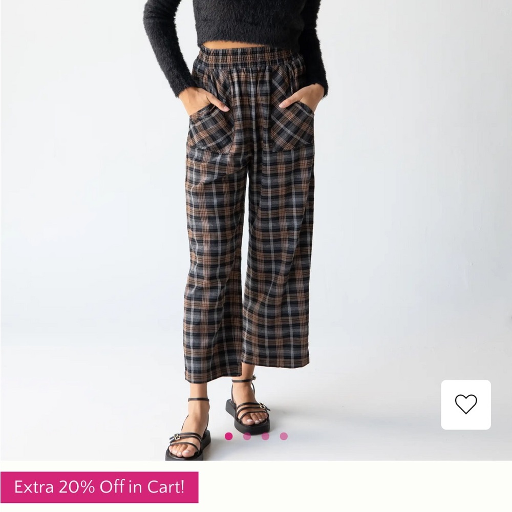 NATURAL LIFE Checkered Wide Leg Pants - Black and Brown